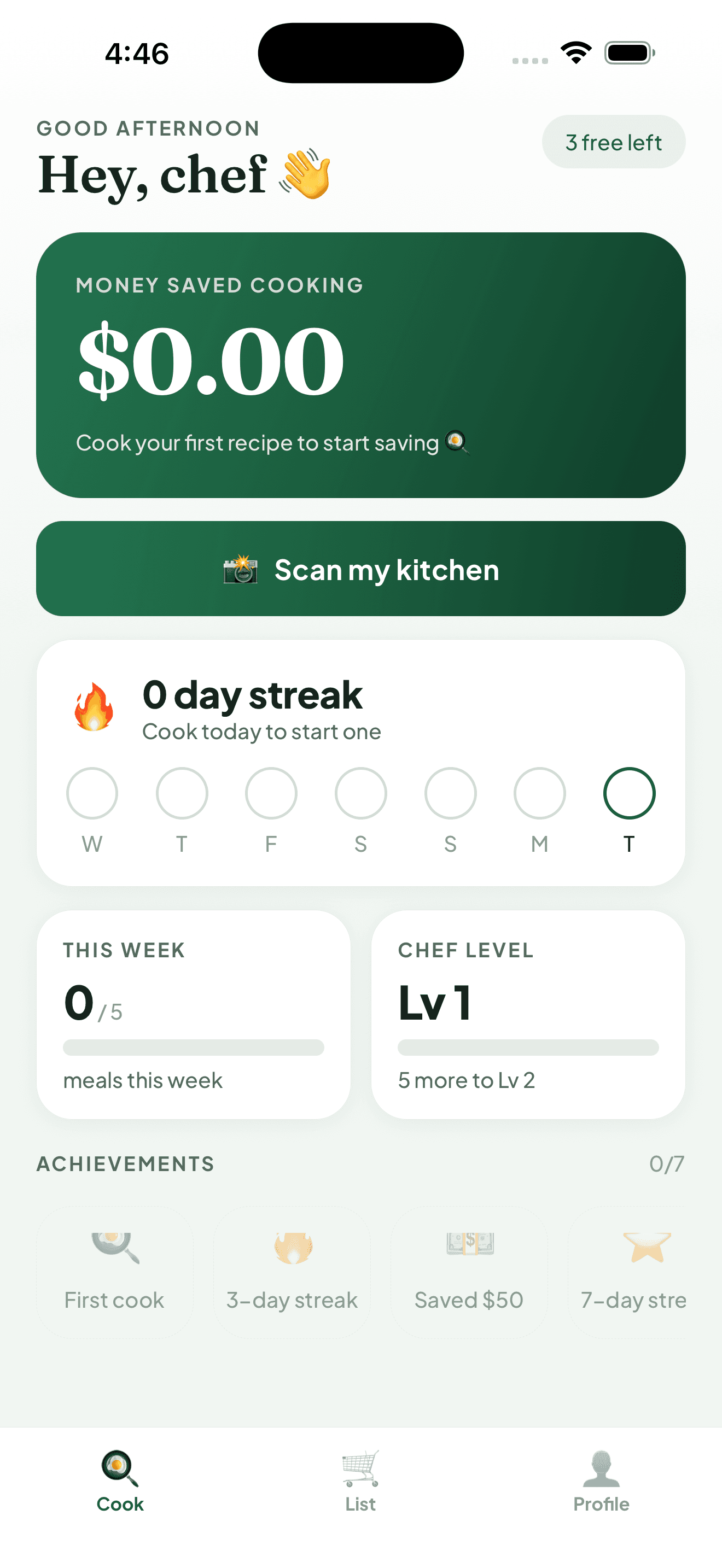 Forkast home screen showing free scans remaining and the scan-my-kitchen action.