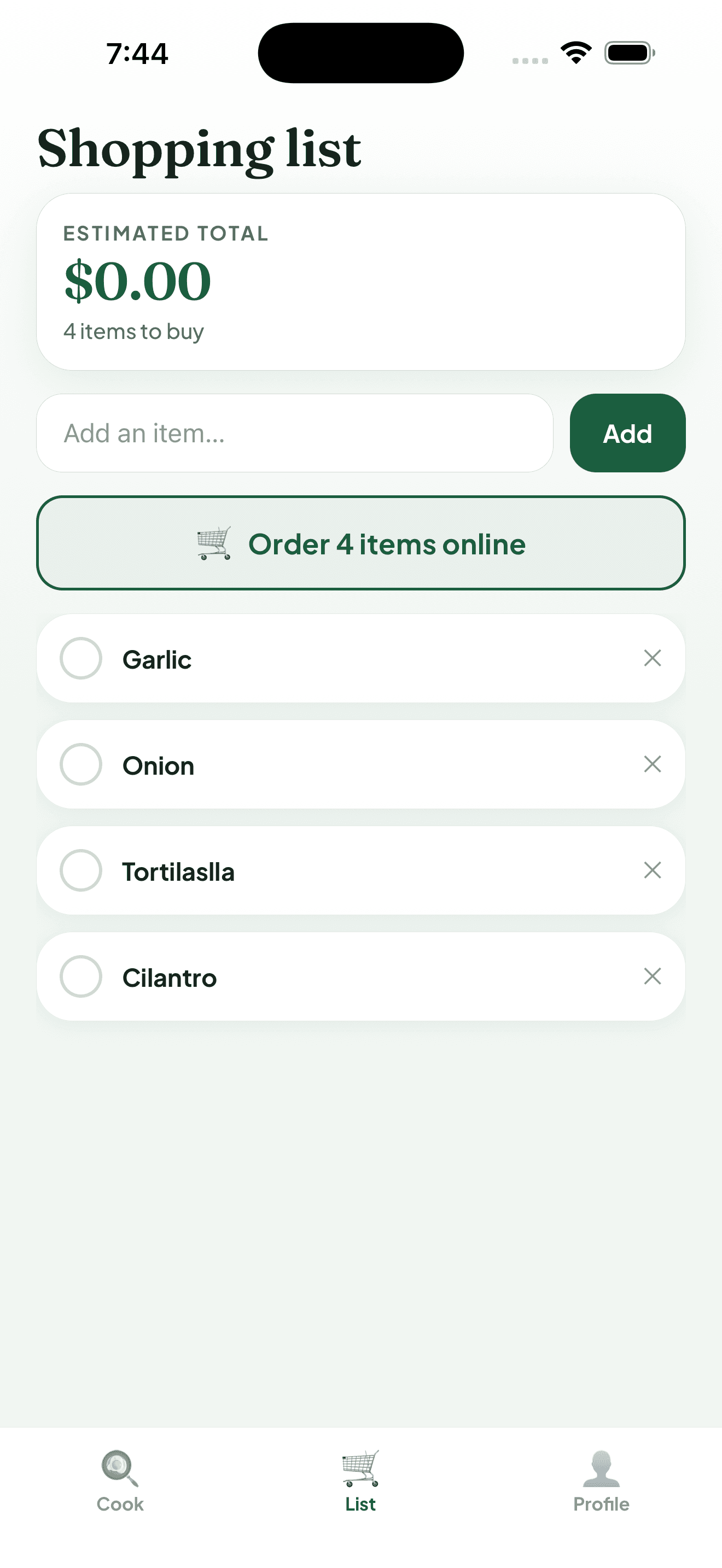 Forkast shopping list with ingredients collected for upcoming meals.