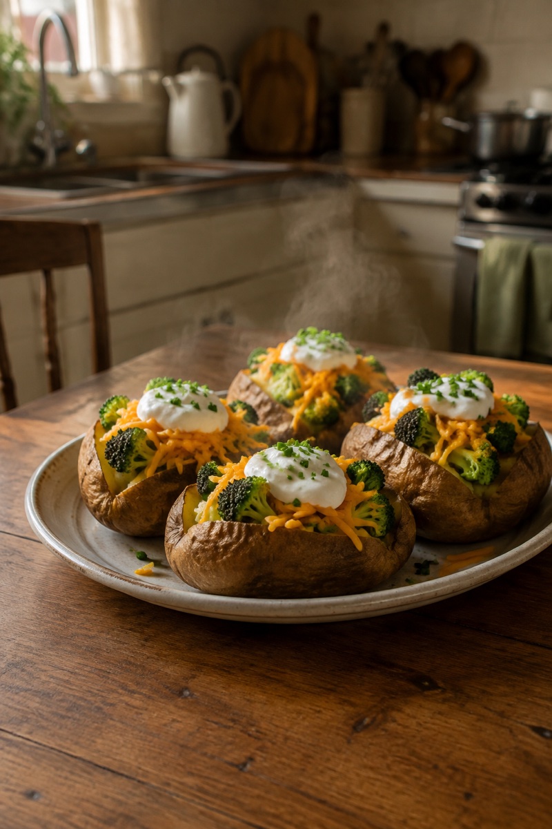 Fluffy baked potatoes loaded with broccoli, melted cheddar, yogurt, and chives.
