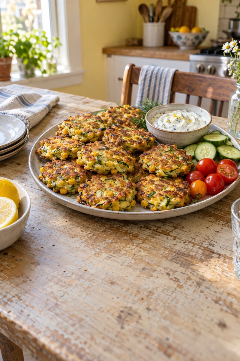 Golden zucchini corn fritters with cheddar, lemon yogurt dip, cucumbers, and tomatoes.