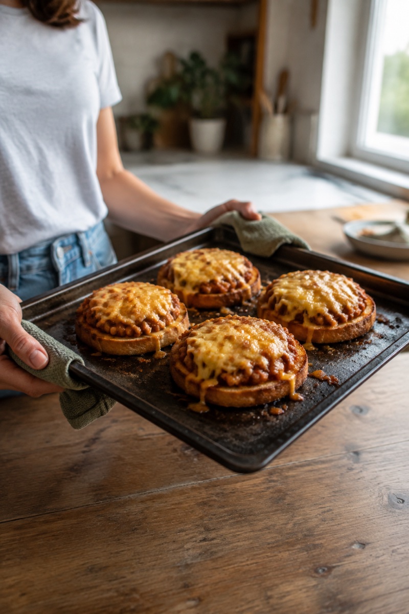 Open-faced buns topped with smoky tomato lentils and melted cheddar.
