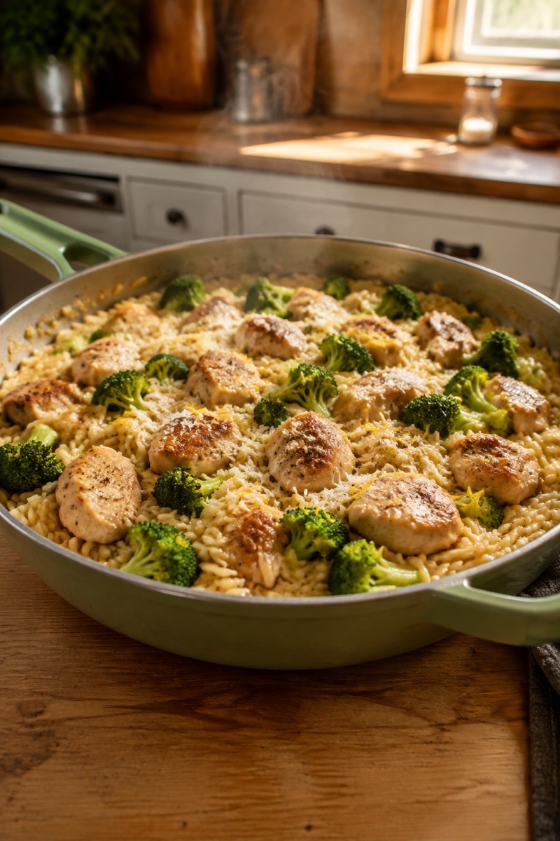 A skillet of lemony orzo with browned chicken and bright broccoli.