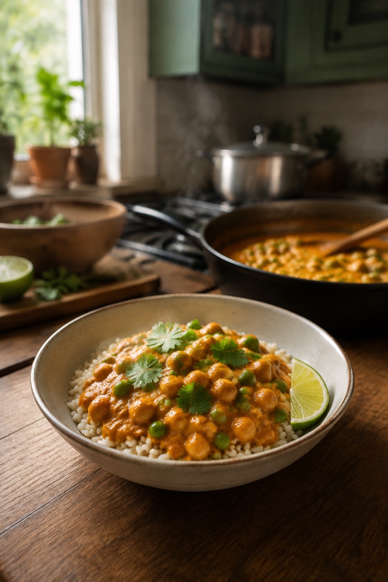 Coconut chickpea curry with peas served over fluffy rice.