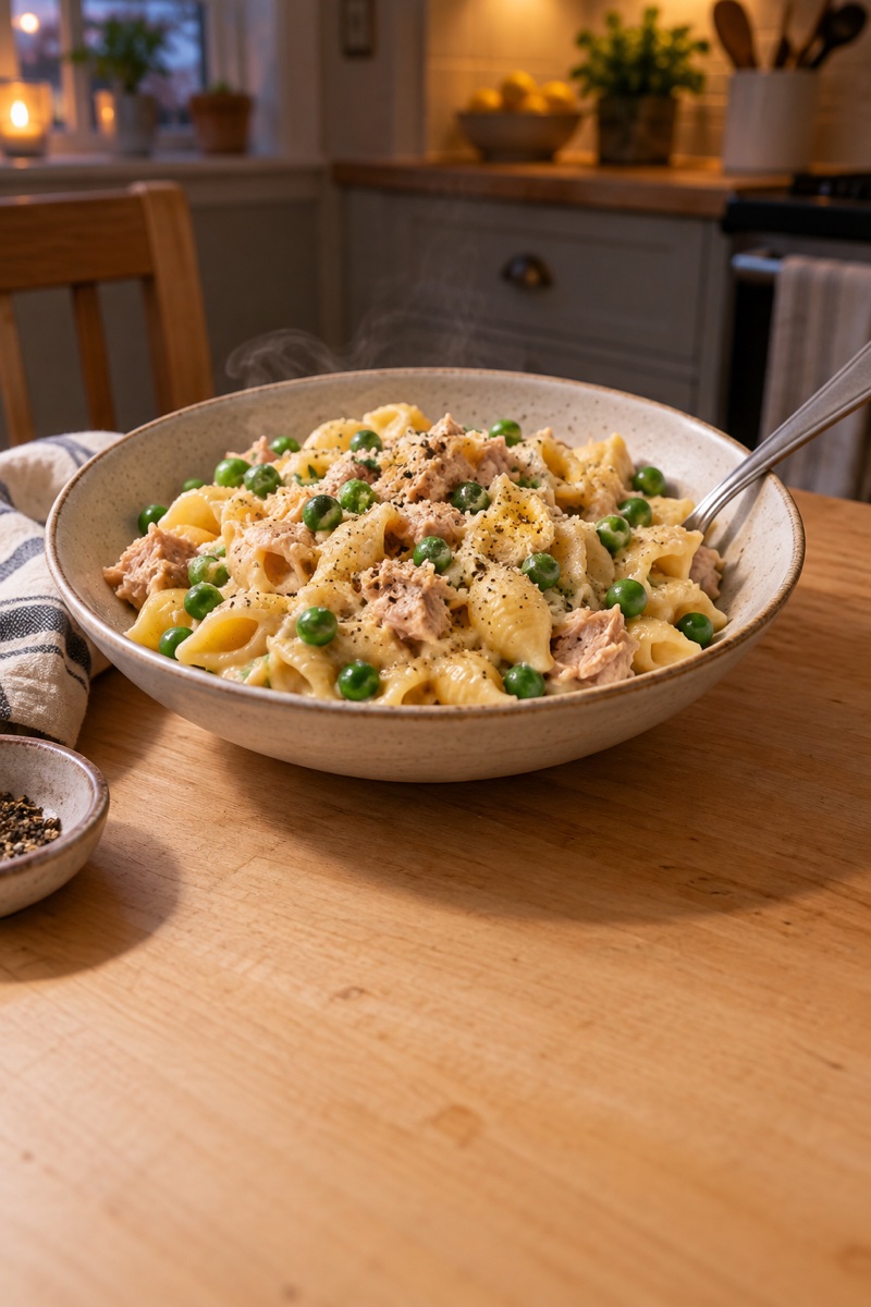 Creamy pasta shells with tuna, green peas, cheddar, and black pepper.
