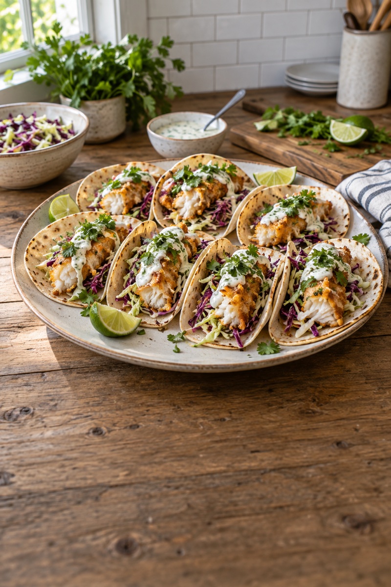 Warm tortillas filled with crispy baked cod, cabbage slaw, and lime-yogurt sauce.