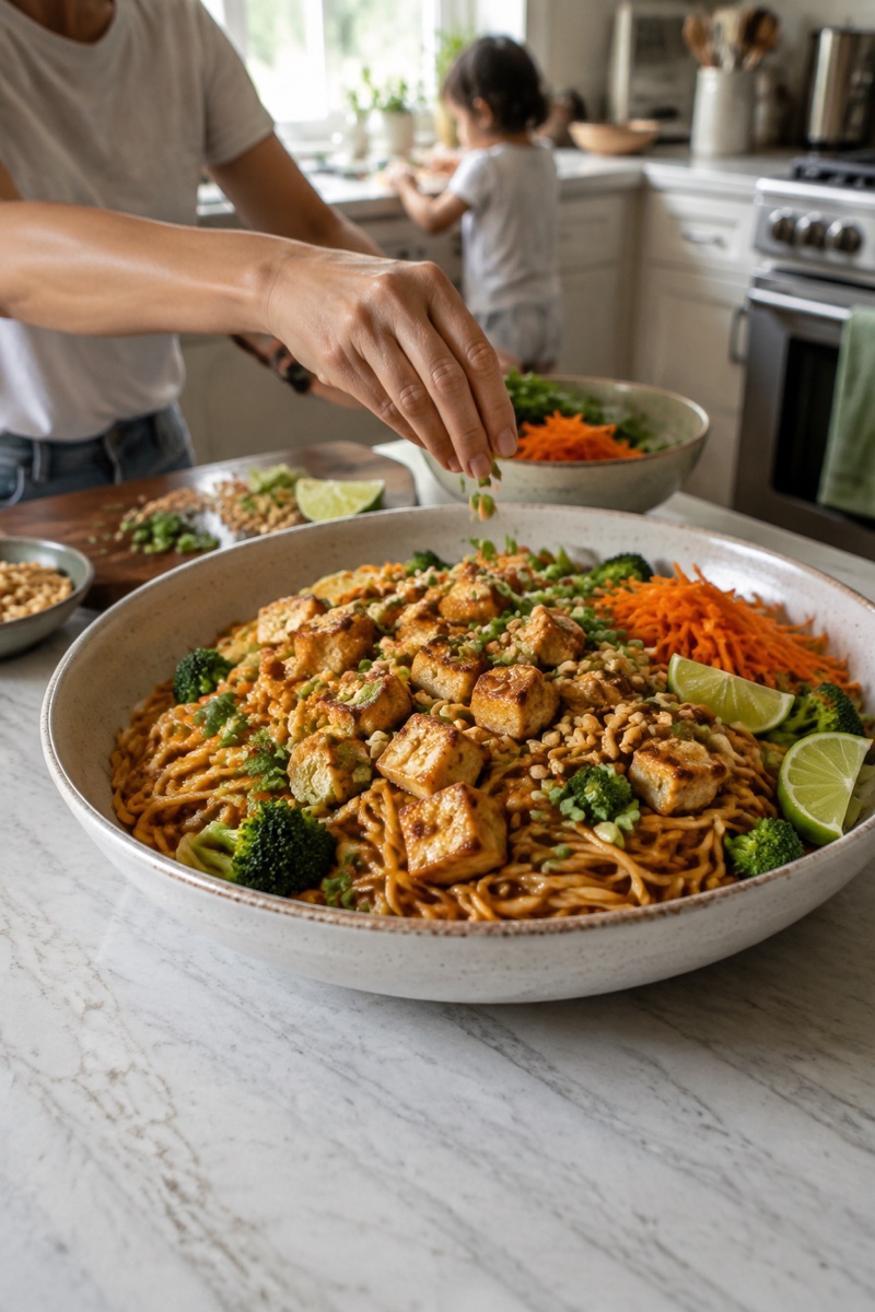 Peanut noodles topped with crispy tofu, broccoli, carrots, scallions, and lime.