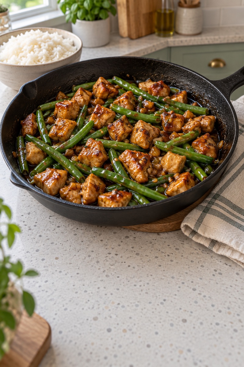 Honey-garlic chicken pieces and green beans in a skillet with rice.