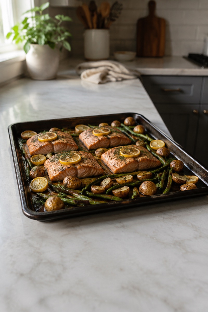 Roasted salmon portions with baby potatoes, green beans, lemon, and dill on a sheet pan.
