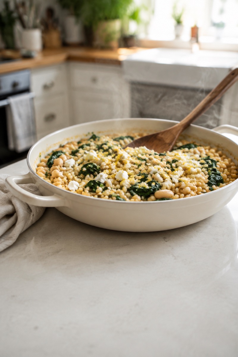 A pot of pearl couscous with white beans, spinach, lemon, and feta.