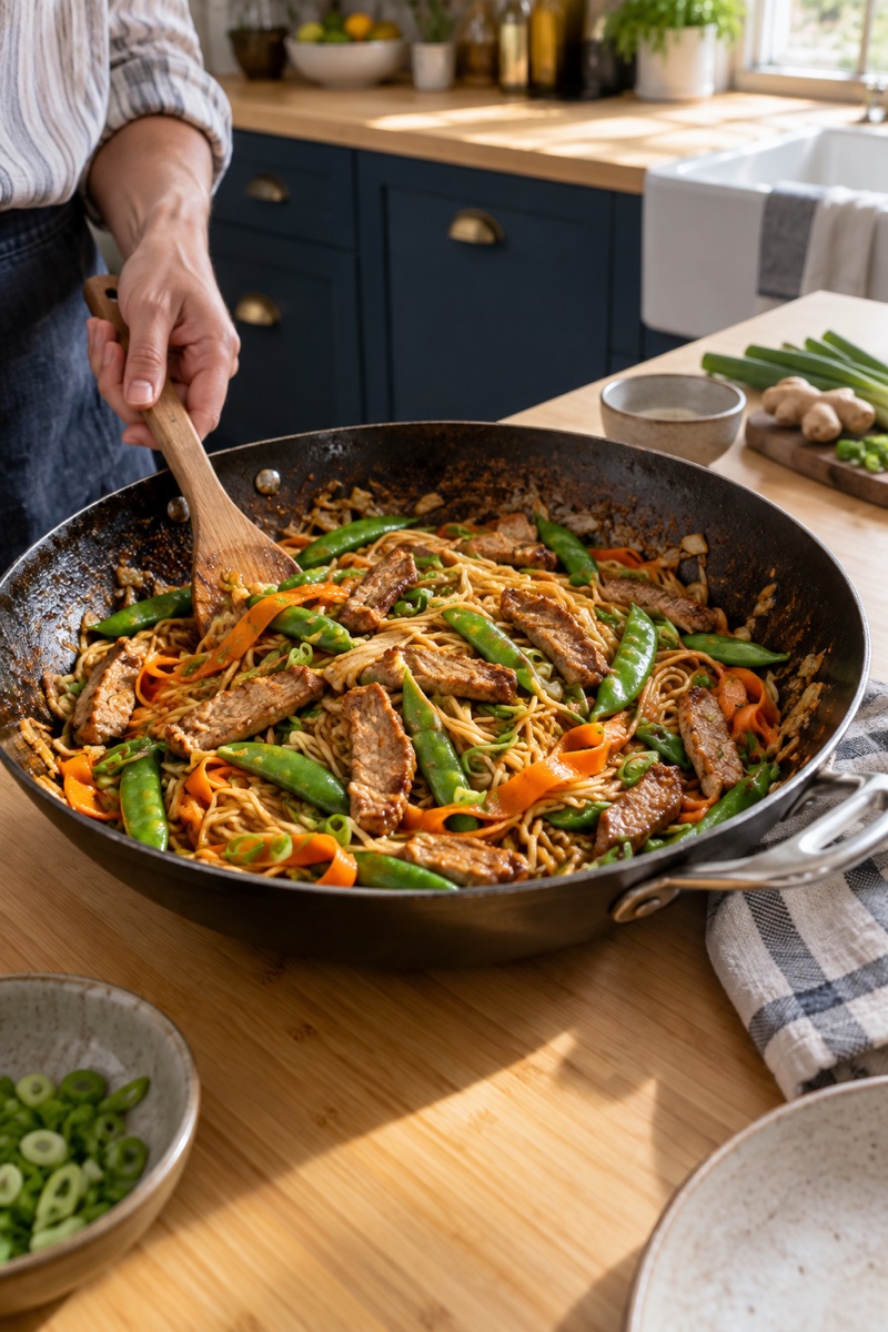Glossy noodles with browned pork, snap peas, carrots, and scallions in a skillet.