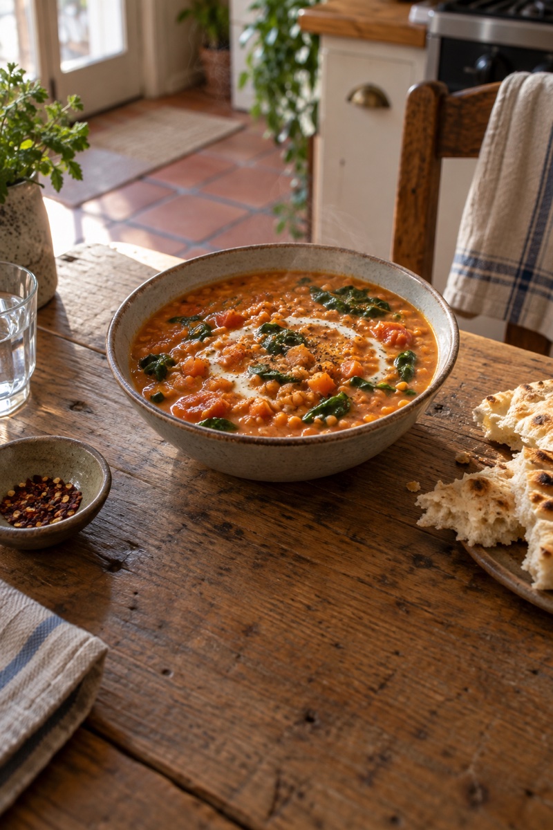 A bowl of creamy red lentil tomato coconut soup with spinach and flatbread.