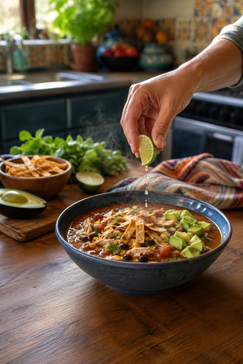 Chicken tortilla soup with black beans, corn, avocado, lime, and crisp tortilla strips.