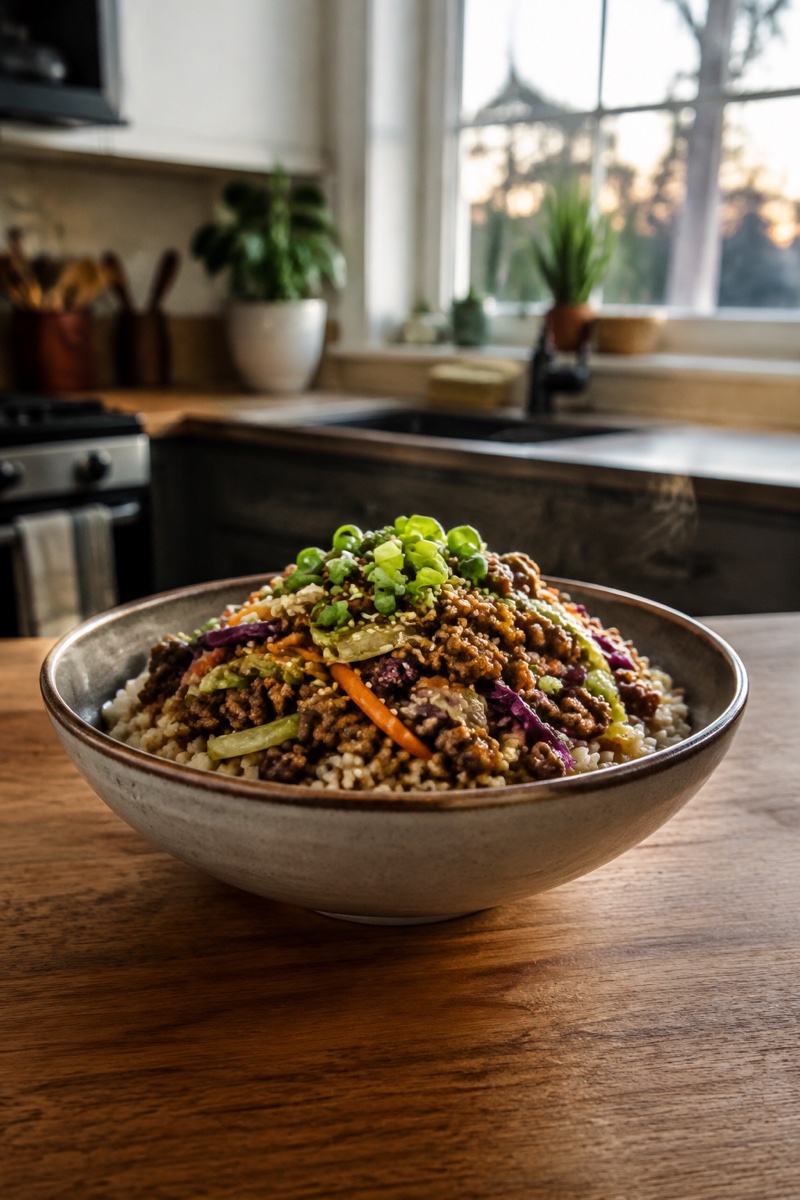 A rice bowl topped with sesame beef, cabbage, carrots, and scallions.