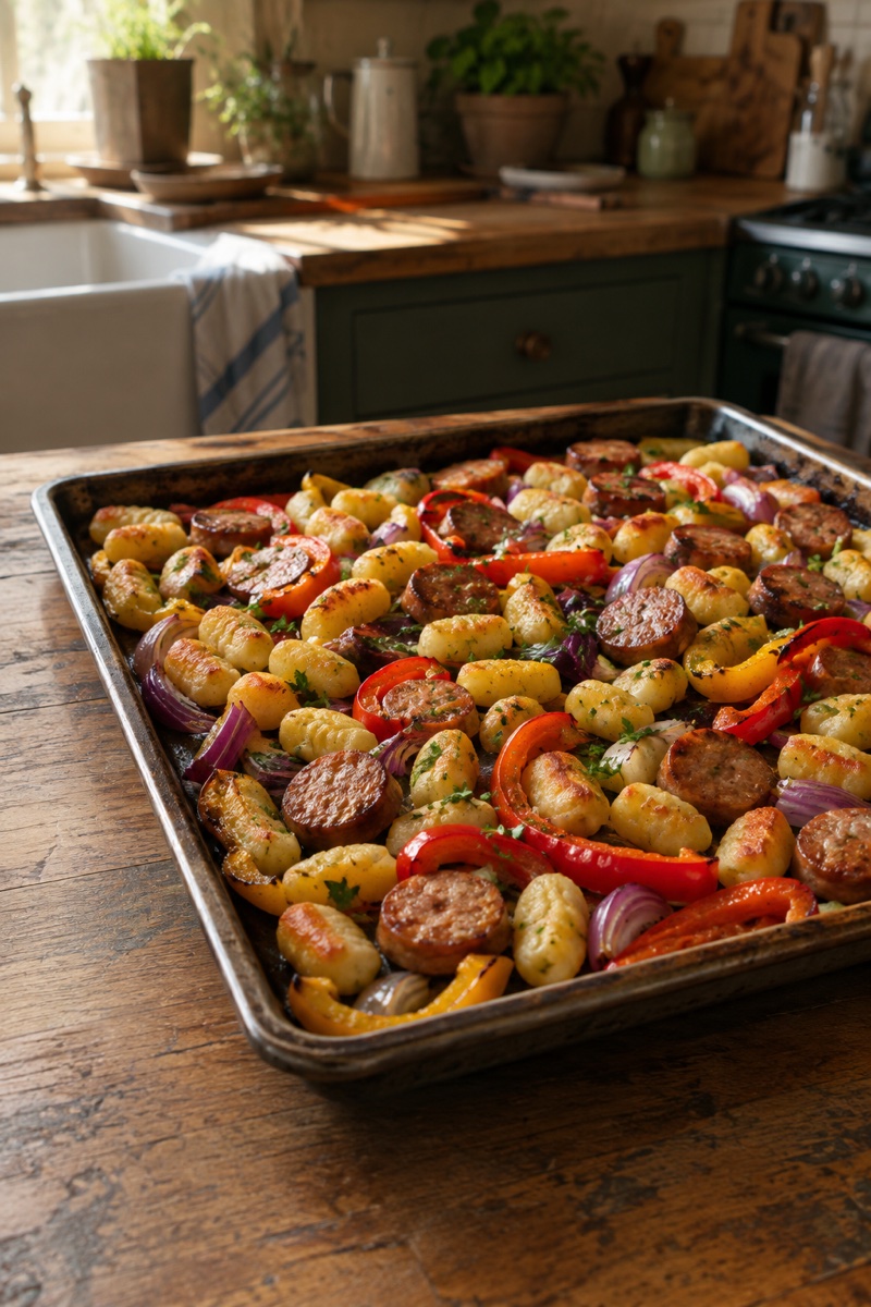 A sheet pan of roasted gnocchi, sliced chicken sausage, bell peppers, and red onion.