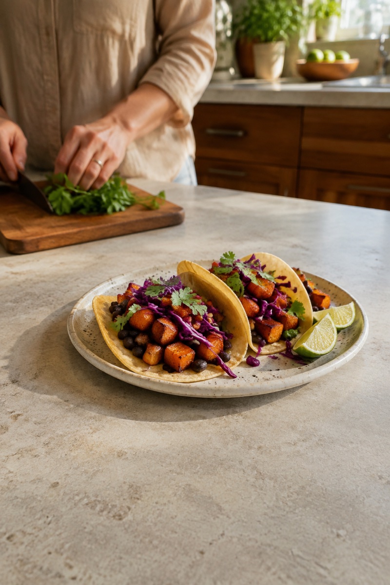 Sweet potato and black bean tacos topped with purple cabbage slaw and lime.