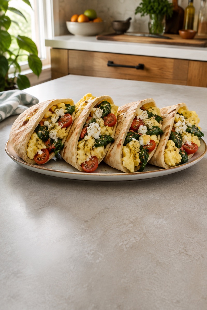 Warm pita pockets filled with scrambled eggs, spinach, tomatoes, and feta.