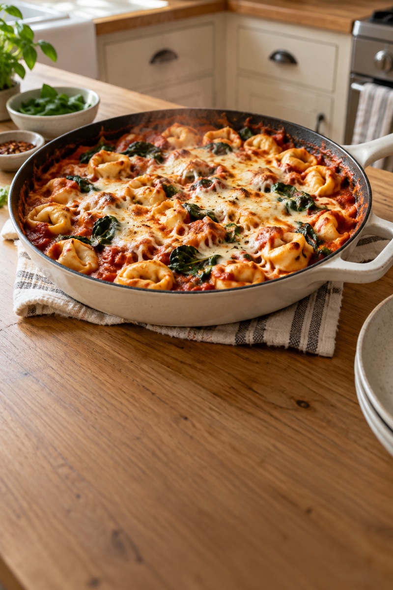 Cheese tortellini with tomato sauce, spinach, and melted mozzarella in a skillet.