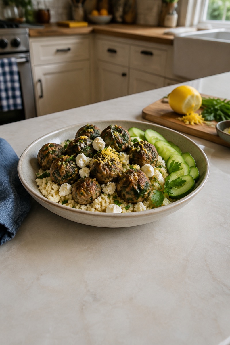 Turkey spinach meatballs over lemon couscous with feta and herbs.