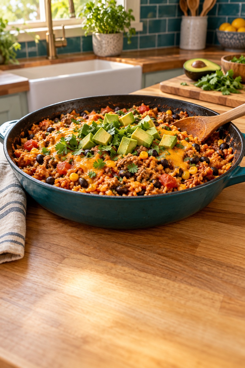 A cheesy skillet of turkey taco rice with black beans, corn, avocado, and cilantro.