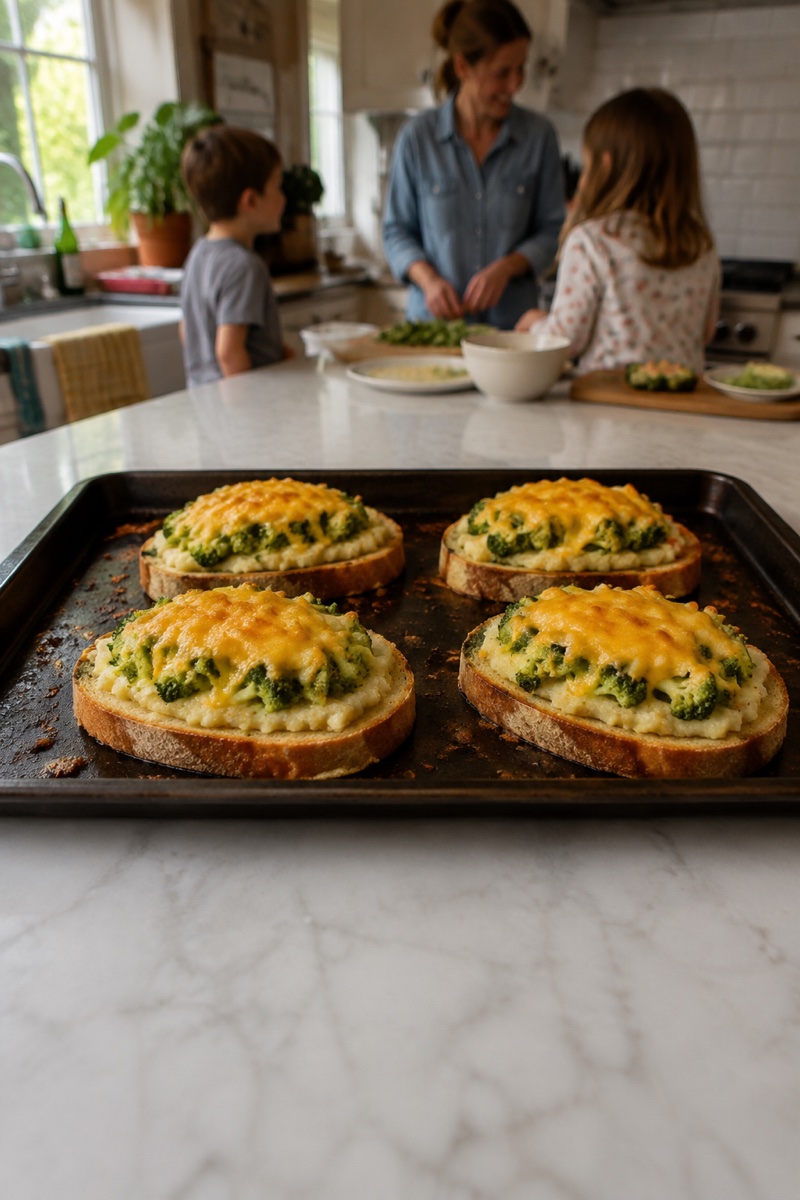 Open-faced white bean and broccoli toasts topped with melted cheddar.